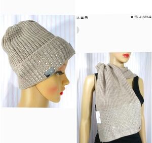 CALVIN KLEIN Knit Scarf & Hat w/ Silver Glittery Stud Borders NWT